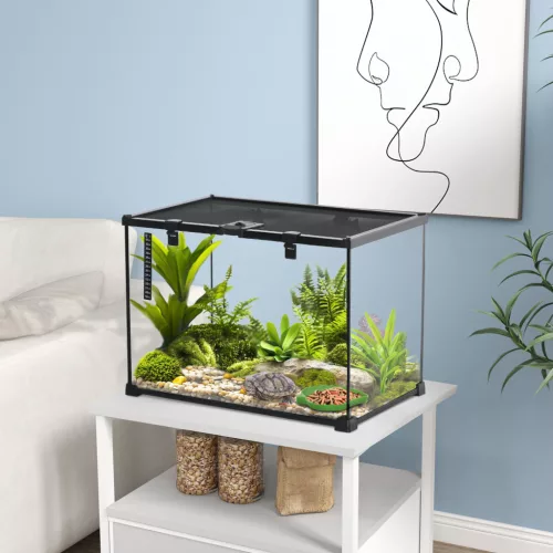 Terrárium hüllőknek, Hüllőetető Doboz, Üveg Terrárium Kétéltűeknek és Pókoknak Hőmérővel, Hüllő Tenyészdoboz Csigáknak, Kétéltűeknek, Rovaroknak és Teknősöknek, Fekete, 50 x 30 x 35 cm