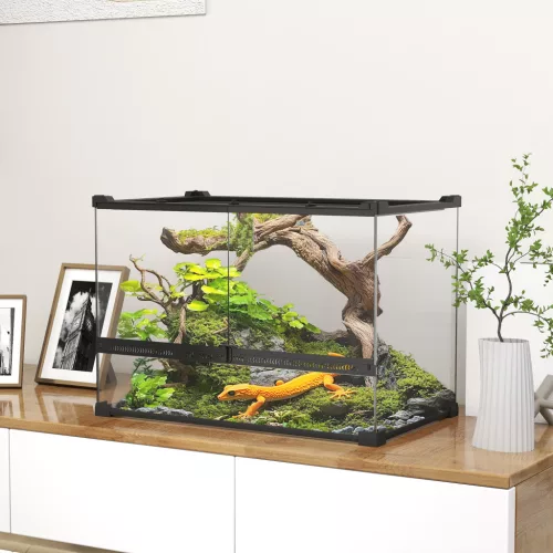 Üveg terrárium hüllőknek, kiemelt és vízálló talppal, gombzárral