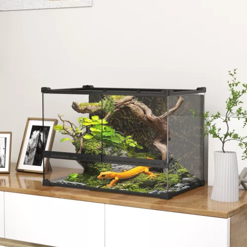 Terrárium hüllőknek, üveg terrárium 48L elülső szellőzővel, kő háttérrel, csavarzárral, 50 x 30 x 35 cm, fekete