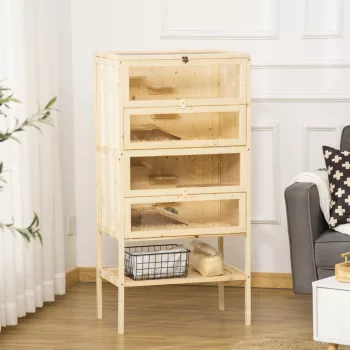   Fa hörcsögketrec, 5 szint, rágcsálóketrec, kisállatketrec dróthálós tetővel és rámpákkal, nagy faketrec, egérketrec, ketrec hörcsögöknek és törpehörcsögöknek, 60 x 40 x 120 cm, natúr fa