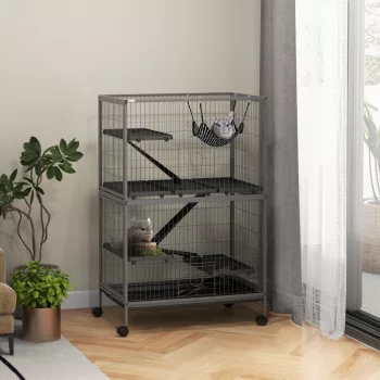   Kisállatketrec függőággyal, rágcsálóketrec kerekekkel, 4 emeletes ketrec, fém, műanyag, 80 x 52 x 128 cm, szürke