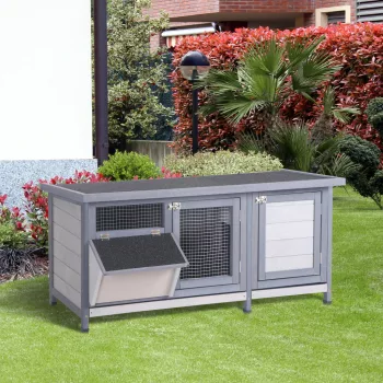   Télálló fa nyúlketrec, 112x50x54 cm, bitumenes tetővel, 2 ajtóval, fémhálóval, nyulak és tengerimalacok számára alkalmas, kültéri, szürke és fekete