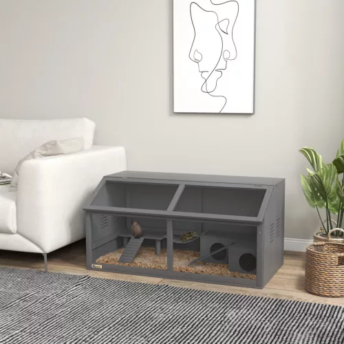 Kisállat-/rágcsálóketrec kiegészítőkkel, fenyőfa, 100 cm x 52 cm x 50 cm, szürke