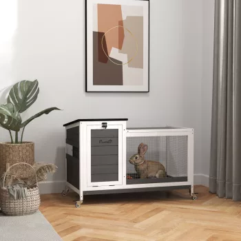   Fa nyúlketrec kifutóval, kerekekkel, csuklós tetővel, beltéri és kültéri használatra, 92 x 52 x 67 cm, sötétszürke