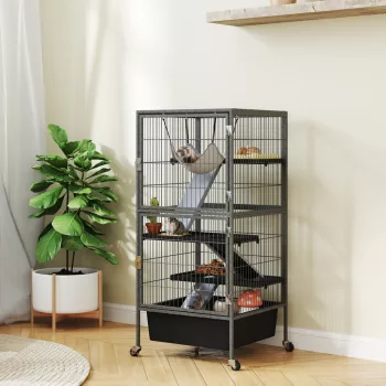   Kisállat-ketrec, 4 emeletes rágcsálóketrec emelhető tálcával, rámpákkal, függőággyal, kerekekkel, platformokkal, 52x52x115 cm, szürke