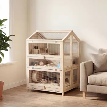   Fa hörcsögketrec, 3 szint, rágcsálóketrec, kisállat-ketrec kunyhókkal, libikókákkal, rámpákkal, itatókkal, 68x61,5x90 cm, natúr fa