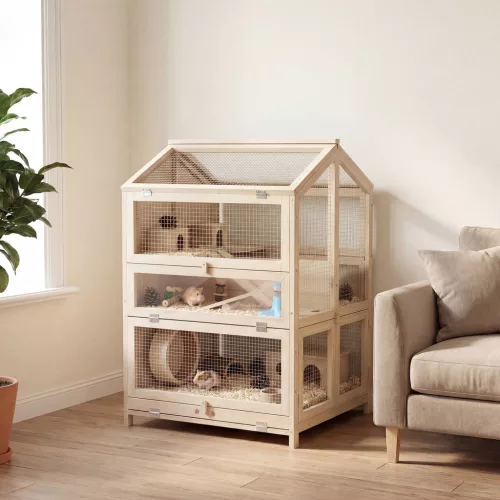 Fa hörcsögketrec, 3 szint, rágcsálóketrec, kisállat-ketrec kunyhókkal, libikókákkal, rámpákkal, itatókkal, 68x61,5x90 cm, natúr fa