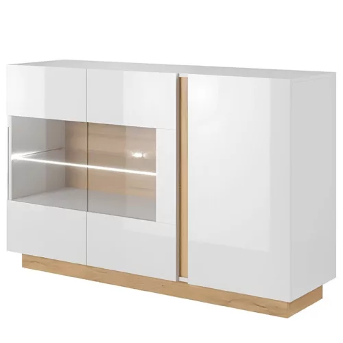 Komód üveggel, fehér/tölgy grandson/magasfényű fehér, CITY