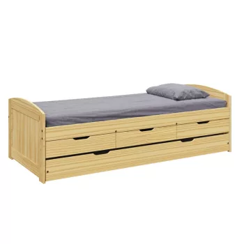   Ágy kihúzható pótággyal, természetes, tömörfa, 90x200, MARINELLA NEW