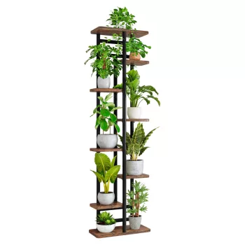 Fém virágállvány, fekete/rusztikus fa, LEDOR TYP 4