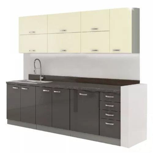 Konyhabútor, szürke/bézs, extra magas fényű, PRADO