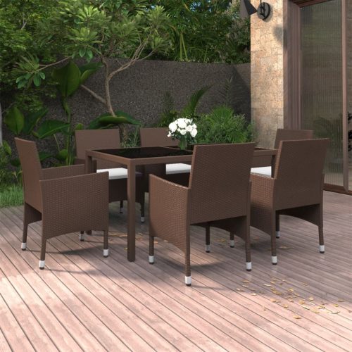 7 részes barna polyrattan és edzett üveg kerti étkezőgarnitúra
