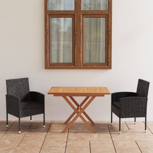 3 részes fekete polyrattan és akácfa kerti étkezőgarnitúra