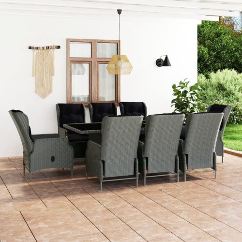 9 részes világosszürke polyrattan kültéri étkezőszett párnákkal