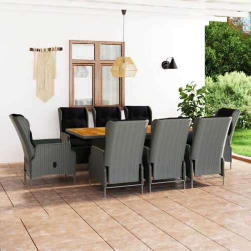 9 részes világosszürke polyrattan kültéri étkezőszett párnákkal