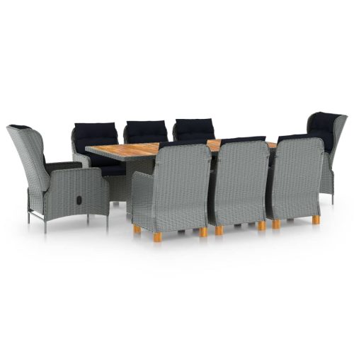 9 részes világosszürke polyrattan kültéri étkezőszett párnákkal