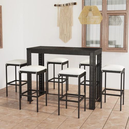 7 részes fekete polyrattan kerti bárszett párnákkal