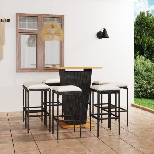 9 részes fekete polyrattan kerti bárszett párnákkal