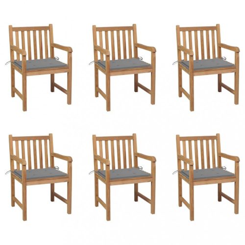 6 db tömör tíkfa kerti szék szürke párnákkal