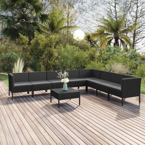 9 részes fekete polyrattan kerti ülőgarnitúra párnákkal