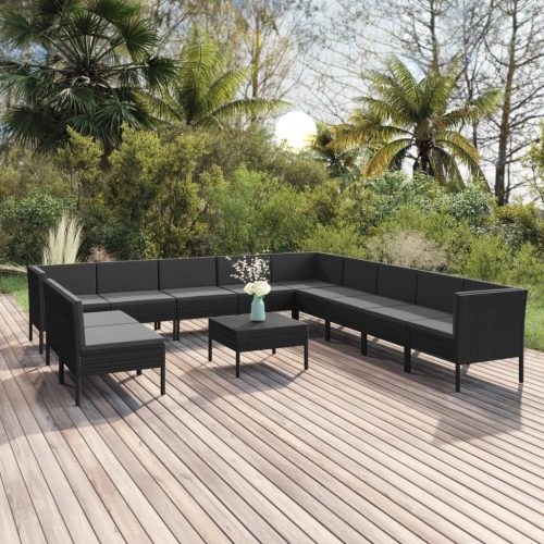 12 részes fekete polyrattan kerti ülőgarnitúra párnákkal