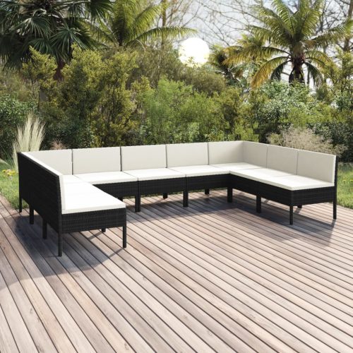 9 részes fekete polyrattan kerti ülőgarnitúra párnákkal