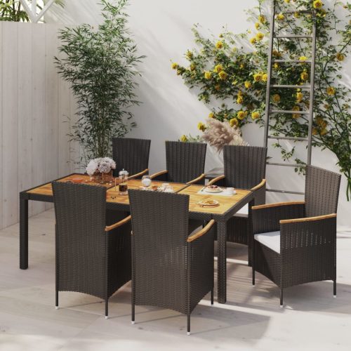 7 részes fekete polyrattan kültéri étkezőszett párnákkal