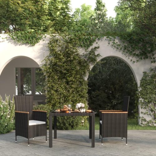 3-részes fekete polyrattan kültéri étkezőszett párnákkal
