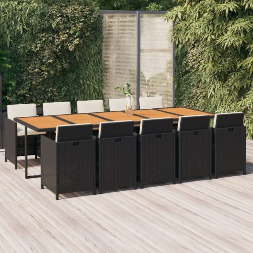 11 részes fekete polyrattan kerti étkezőgarnitúra párnákkal