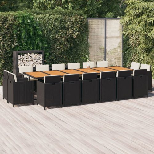 17 részes fekete polyrattan kerti étkezőgarnitúra párnákkal