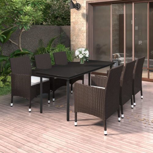 7 részes polyrattan és üveg kerti étkezőgarnitúra párnákkal