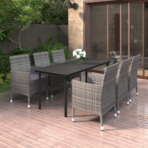 7 részes polyrattan és üveg kerti étkezőgarnitúra párnákkal