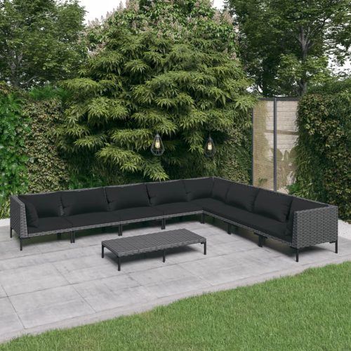 9 részes sötétszürke polyrattan kerti bútorszett párnákkal