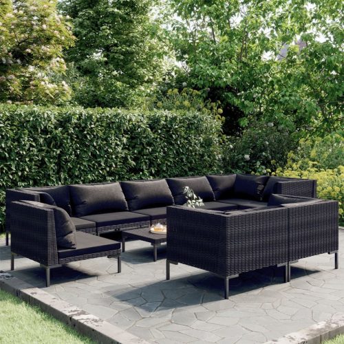 10 részes sötétszürke polyrattan kerti ülőgarnitúra párnákkal