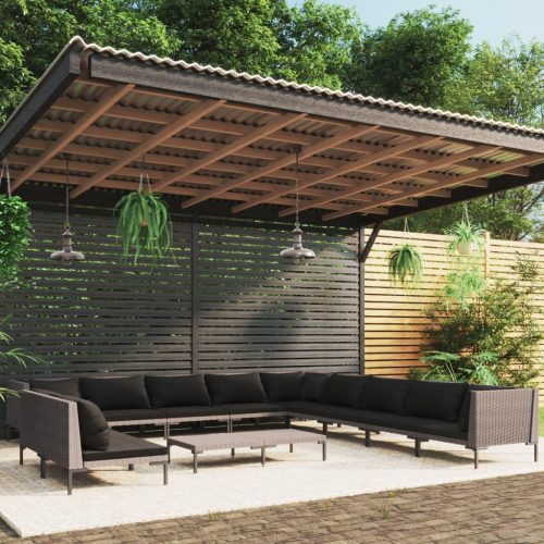 12 részes sötétszürke polyrattan kerti bútorszett párnákkal