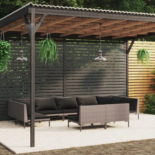 9 részes sötétszürke polyrattan kerti ülőgarnitúra párnákkal