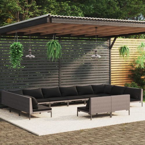 12 részes sötétszürke polyrattan kerti ülőgarnitúra párnákkal