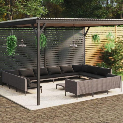 14 részes sötétszürke polyrattan kerti bútorszett párnákkal