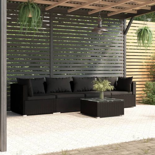 5 részes fekete polyrattan kerti ülőgarnitúra párnákkal