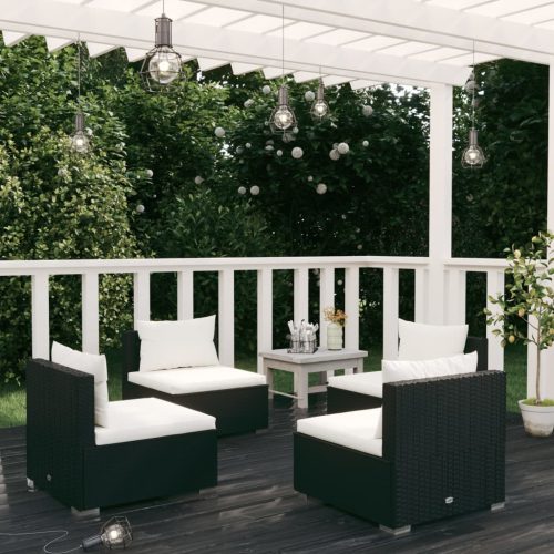 4 részes fekete polyrattan kerti bútorszett párnákkal