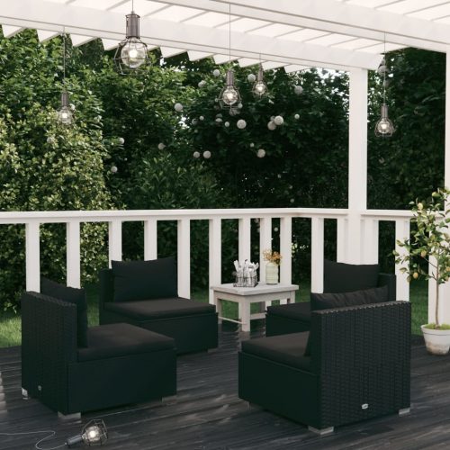 4 részes fekete polyrattan kerti bútorszett párnákkal