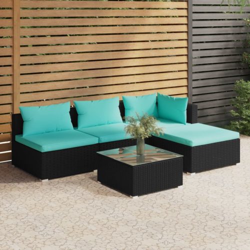 5 részes fekete polyrattan kerti ülőgarnitúra párnákkal