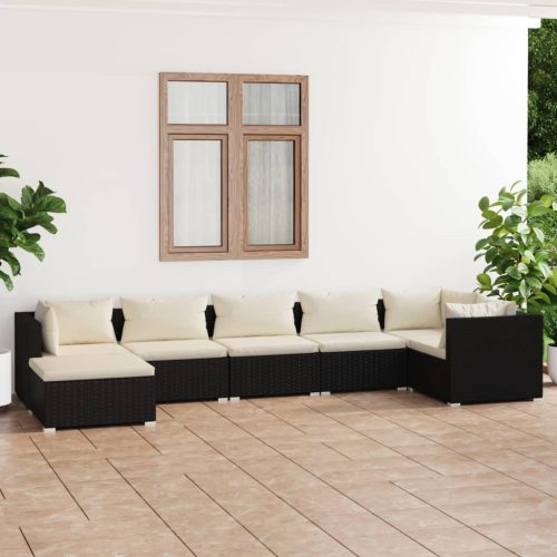 7 részes fekete polyrattan kerti ülőgarnitúra párnákkal