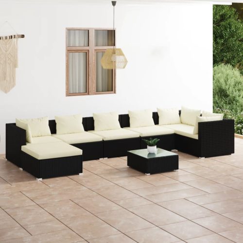 8 részes fekete polyrattan kerti ülőgarnitúra párnákkal