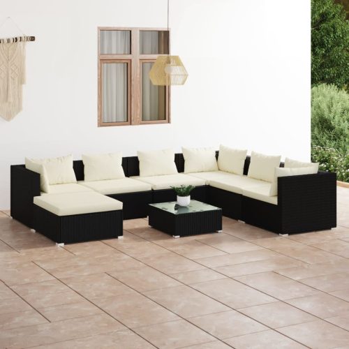 8 részes fekete polyrattan kerti ülőgarnitúra párnákkal