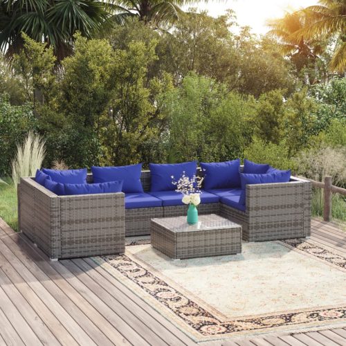 7 részes szürke polyrattan kerti ülőgarnitúra párnákkal