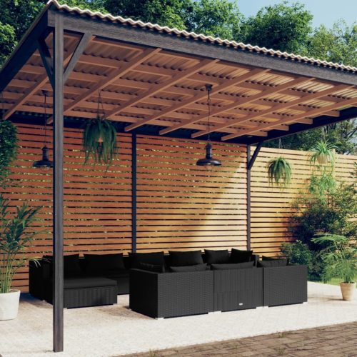 10 részes fekete polyrattan kerti ülőgarnitúra párnákkal