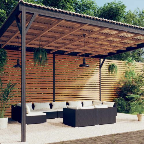 9 részes fekete polyrattan kerti ülőgarnitúra párnákkal