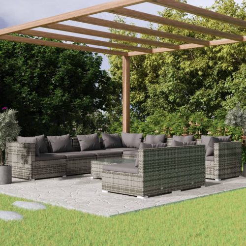 10 részes szürke polyrattan kerti ülőgarnitúra párnákkal