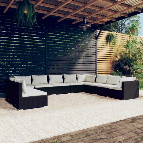 10 részes fekete polyrattan kerti ülőgarnitúra párnákkal